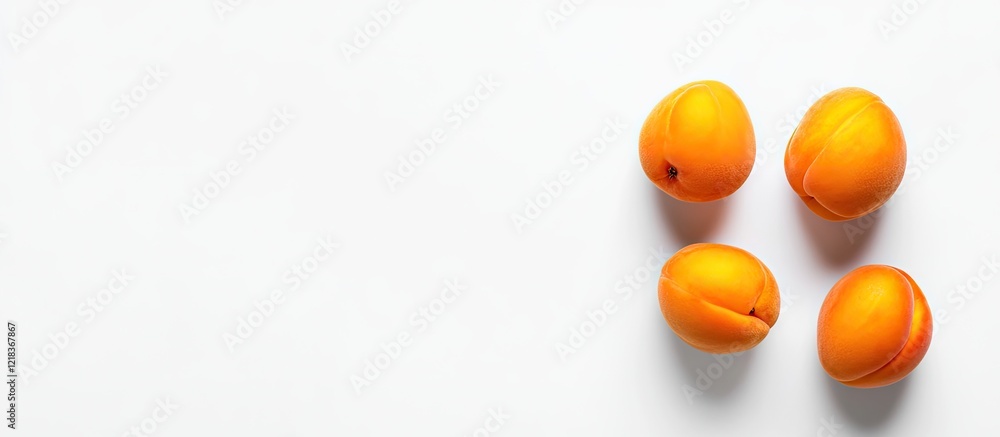 Poster Closeup of vibrant orange apricots on a white background with ample negative space arranged top left for creative design projects