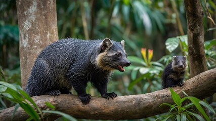 Obraz premium Rainforest Connections: Binturong Sharing the Habitat with Fellow Wildlife