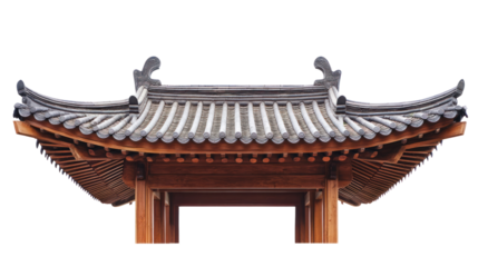 Traditional architectural structure with a curved roof, showcasing intricate wooden craftsmanship against a white isolated background.