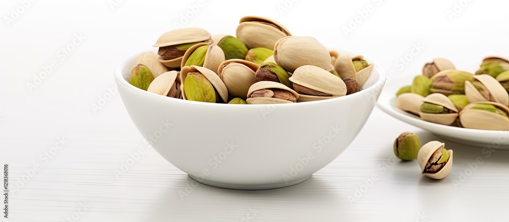 Poster pistachio nuts in a white bowl with green nut shells on a white surface showcasing a fresh and vibra
