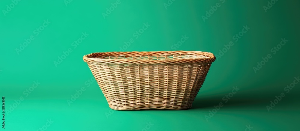 Poster stylish empty wicker basket positioned on the right against a vibrant green background emphasizing i