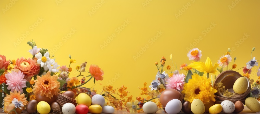 Poster vibrant spring flowers in orange pink and yellow with chocolate eggs and assorted candies on a brigh