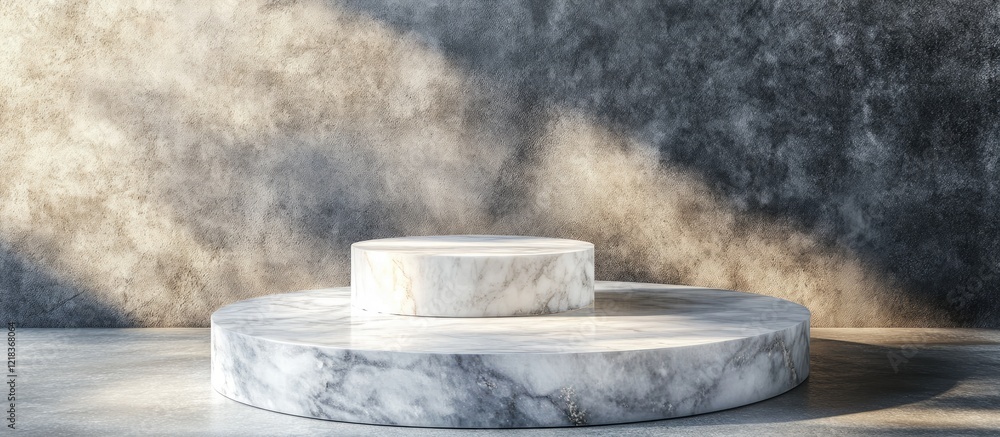 Aufkleber marble podium with two tiers in light gray and white tones placed against a textured gray background