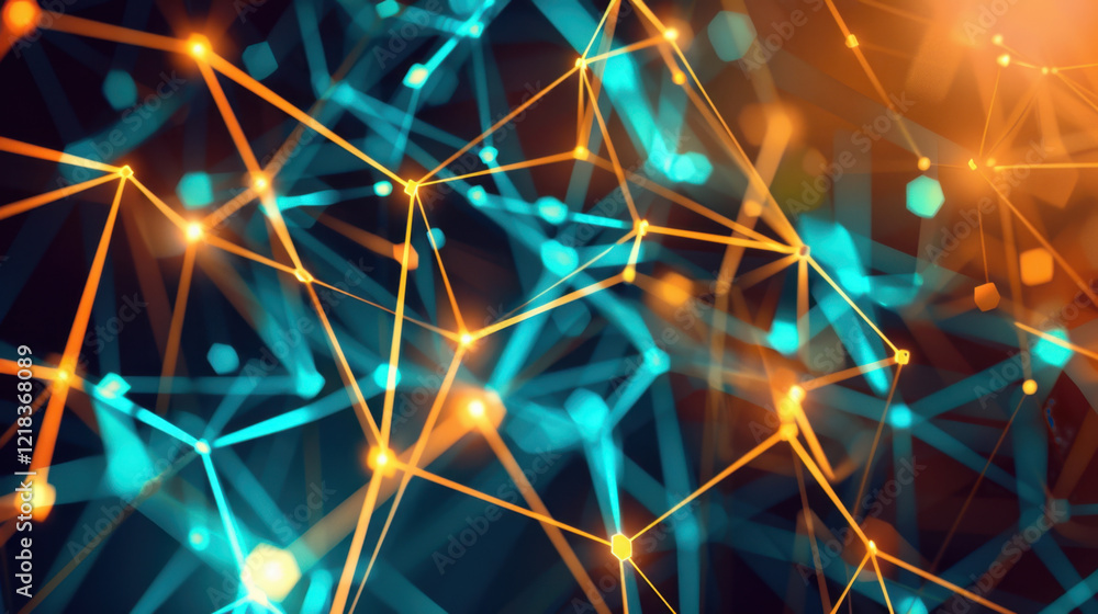 Aufkleber abstract network design with glowing lines and nodes in blue and orange tones, representing technolo