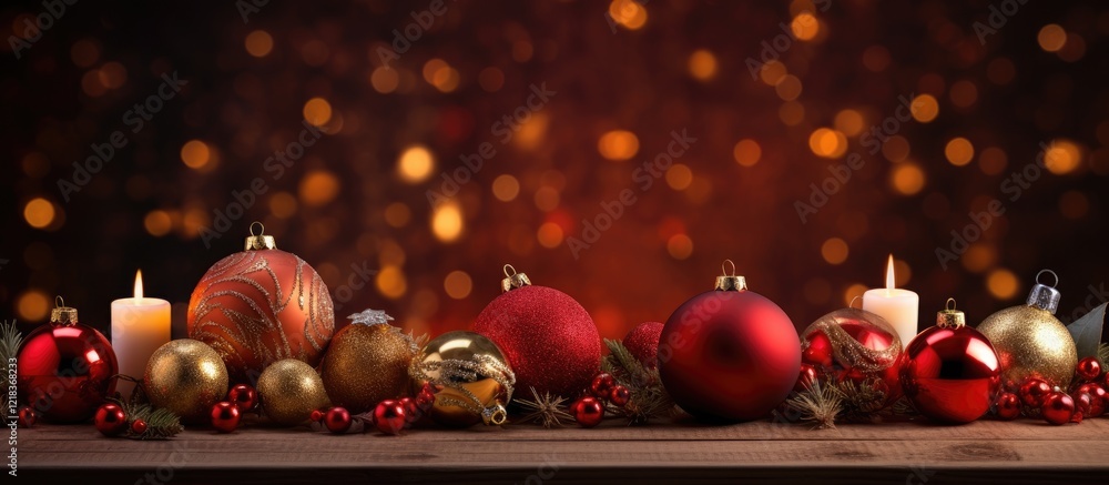 Poster festive christmas ornaments in red and gold tones arranged on a rustic table with candles, creating 