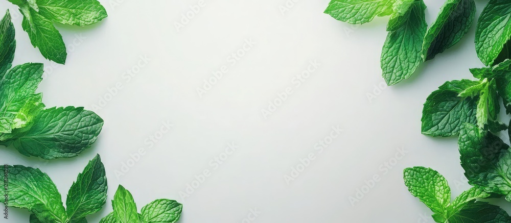 Poster fresh vibrant mint leaves arranged symmetrically on a soft white background creating a clean space f
