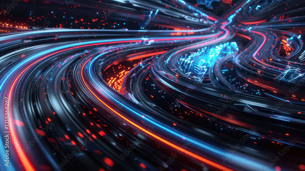 Poster vibrant abstract representation of flowing lines and lights, showcasing dynamic interplay of red and