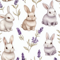 Watercolor drawing of a rabbit and lavender theme on a white background.
