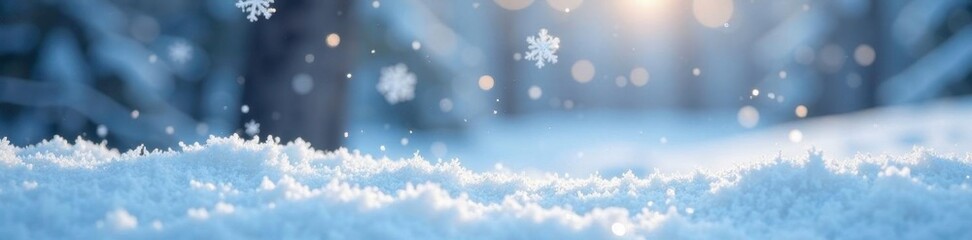 Naklejka premium Glittery snowflakes fall gently on a white snowy landscape, silver, frozen world