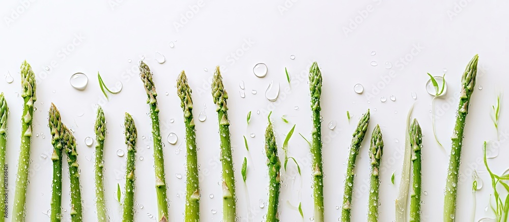 Poster fresh green asparagus spears arranged horizontally on a white background with water droplets highlig