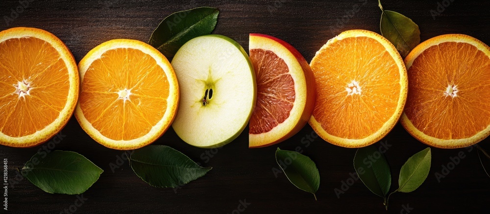 Poster Vibrant arrangement of fresh orange and apple slices on a dark wood background with green leaves creating a colorful and refreshing display