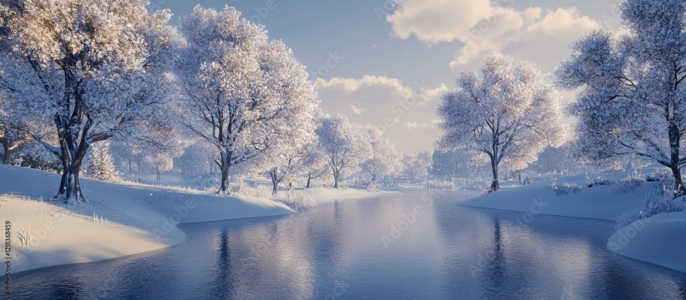 Poster Tranquil winter landscape with snow-covered trees reflecting in a calm river under a blue sky with fluffy clouds creating a serene atmosphere