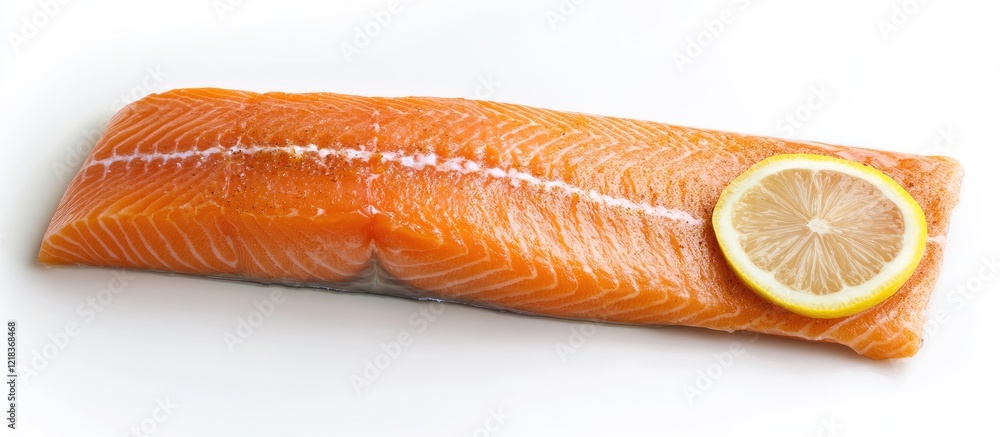 Poster fresh salmon fillet displayed on a white background with a bright lemon slice on top, highlighting v