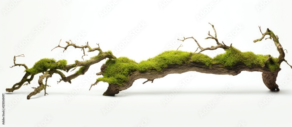 Fototapete moss covered old branch with fresh green moss on a twisted brown surface isolated on a white backgro