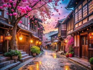 Fototapeta premium Enchanting Asian village, a breathtaking spectacle of cherry blossoms in full bloom. Capture spring's beauty.