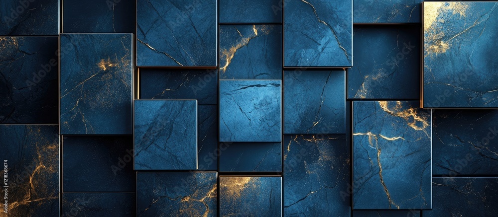 Poster elegant abstract blue background with square marble elements in deep blues and gold accents arranged