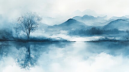 Fototapeta premium Serene Blue Mountain Lake Landscape With Lone Tree
