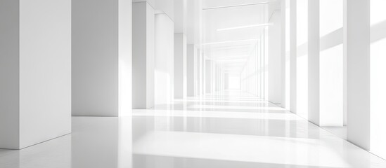 Fototapeta premium Minimalist interior corridor with white walls, polished floors, and ample natural light creating an airy and modern atmosphere.