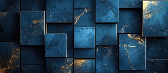 Elegant abstract blue background with square marble elements in deep blues and gold accents arranged in a stunning geometric pattern.