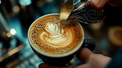 A barista pouring latte art in a coffee cup close up shot