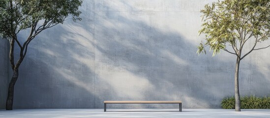 Minimalist outdoor scene featuring an empty grey cement wall, a wooden bench centered, and shadowed foliage on the left and right, inviting creativity.