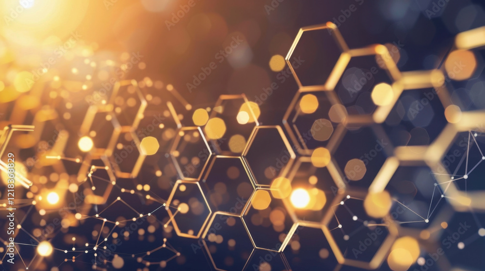 Poster abstract hexagonal pattern with glowing lights and bokeh effects creates modern, scientific atmosphe