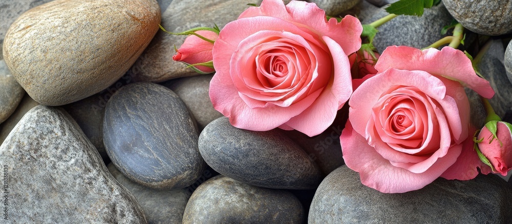 Poster Delicate pink roses on smooth grey pebbles set against a subtle green backdrop create an elegant and serene visual composition.