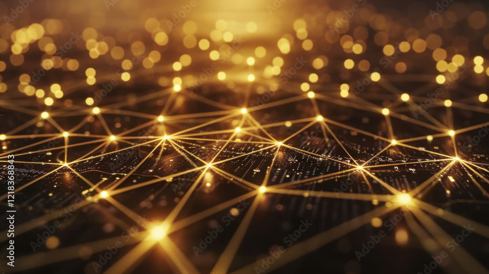 Poster golden network connections with glowing nodes create mesmerizing digital landscape. intricate web of