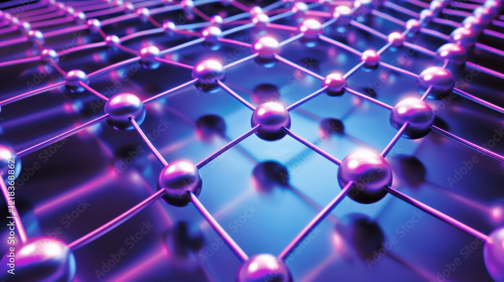 Poster close up view of molecular structure with interconnected spheres and lines, showcasing vibrant blue 