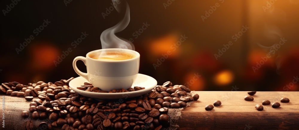 Poster a steaming cup of espresso on wooden table surrounded by coffee beans warm brown tones with a soft b