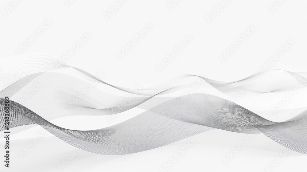 Poster minimalist abstract design featuring flowing waves in shades of white and gray, creating sense of mo