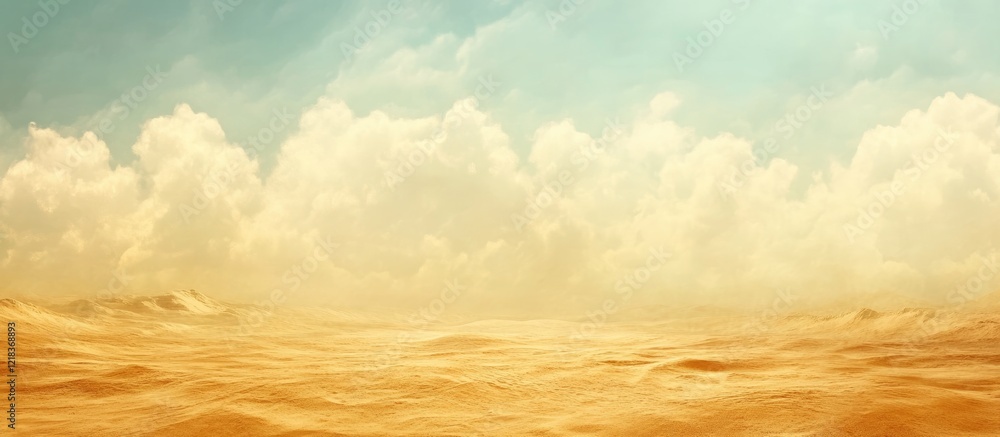 Poster panoramic desert landscape featuring golden sands in foreground with soft blue sky and fluffy white 