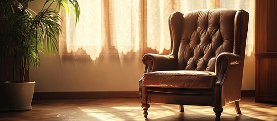 Serene psychiatrist office with a plush brown leather armchair positioned near a window, soft golden light filtering through sheer curtains.