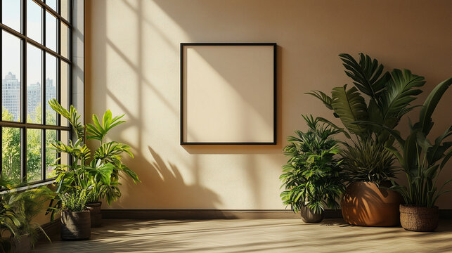 mockup frame for an interior poster  Bright room with large windows, warm colors, vibrant plants, and a blank canvas, perfect for artistic inspiration and tranquility