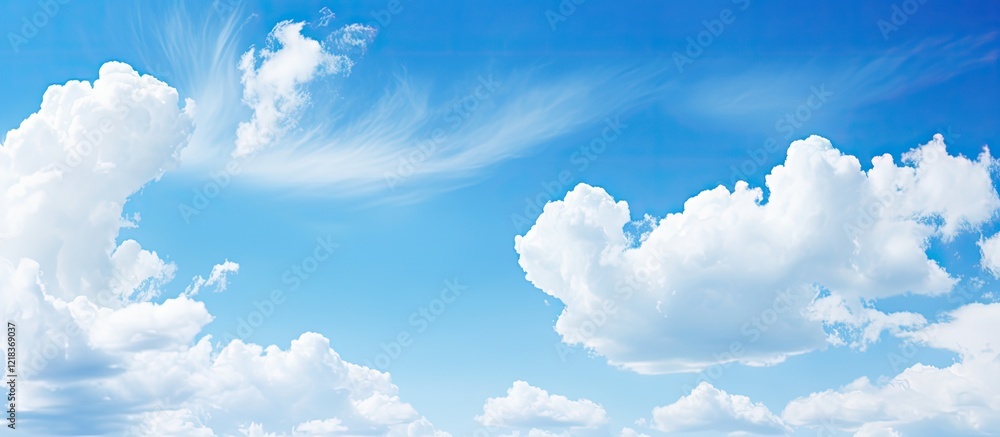 Poster Serene summer sky with bright blue hues and soft white clouds, ideal for copy space and tranquil backgrounds, with clouds in upper third.