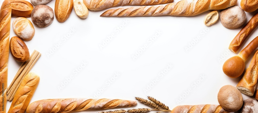 Poster Variety of artisan bread including baguettes and rolls arranged in a frame shape on a white background with a clean central space for text.