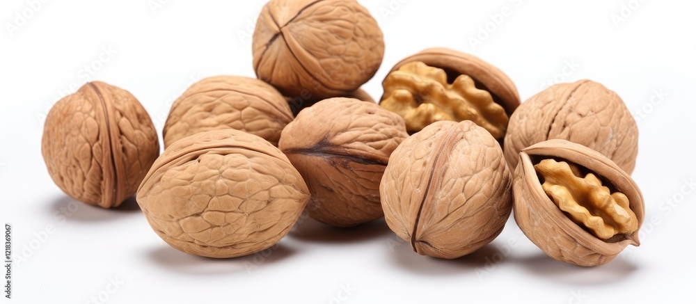 Poster peeled walnut kernels and whole walnuts arranged on a white background showcasing their textured she