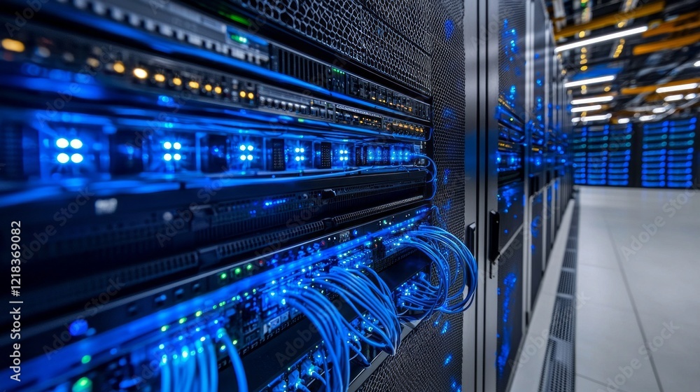 Poster a captivating display of intertwined blue and white networks fills a sleek server room, where sophis