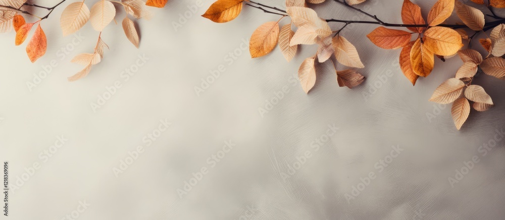 Aufkleber autumn leaves in warm orange and brown tones placed on a soft beige grey textured background with a 