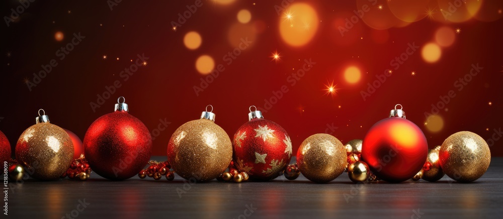 Poster festive christmas ornaments in red and gold arranged on a dark surface with a bokeh background of wa
