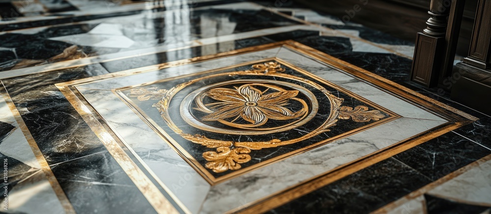 Poster elegant marble floor design featuring intricate gold and black patterns with a central medallion sur
