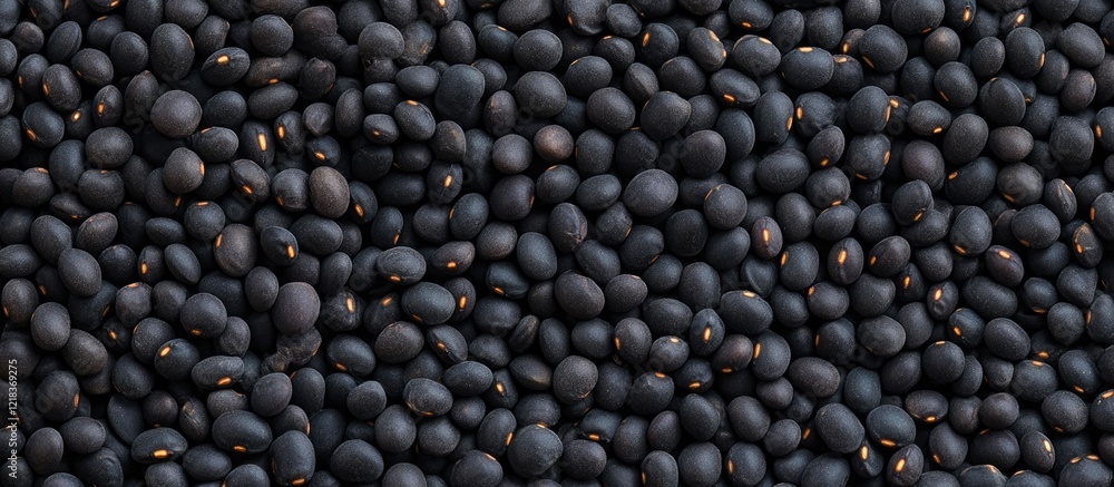 Poster textured background of dry black peas with a rich matte finish, deep black tones scattered evenly ac