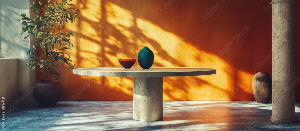 Poster designer table set against an orange wall with shadows, featuring a circular stone table and two dec