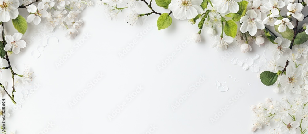 Poster delicate frame of white gypsophila flowers and green leaves on a soft pastel background creating a s
