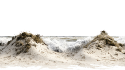 Waves crashing onto a sandy shoreline, creating a beautiful coastal scene with splashes of water and sandy textures, ideal for nature lovers.