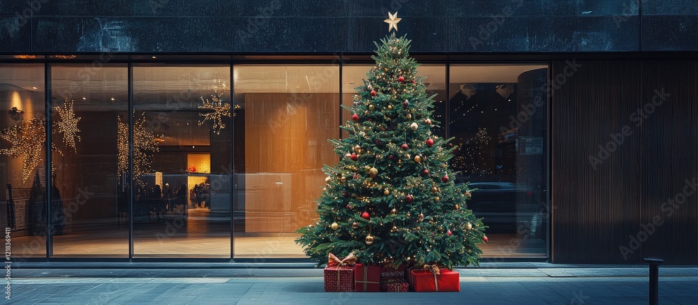 Aufkleber christmas tree adorned with colorful ornaments and a star placed near a large window, creating a fes