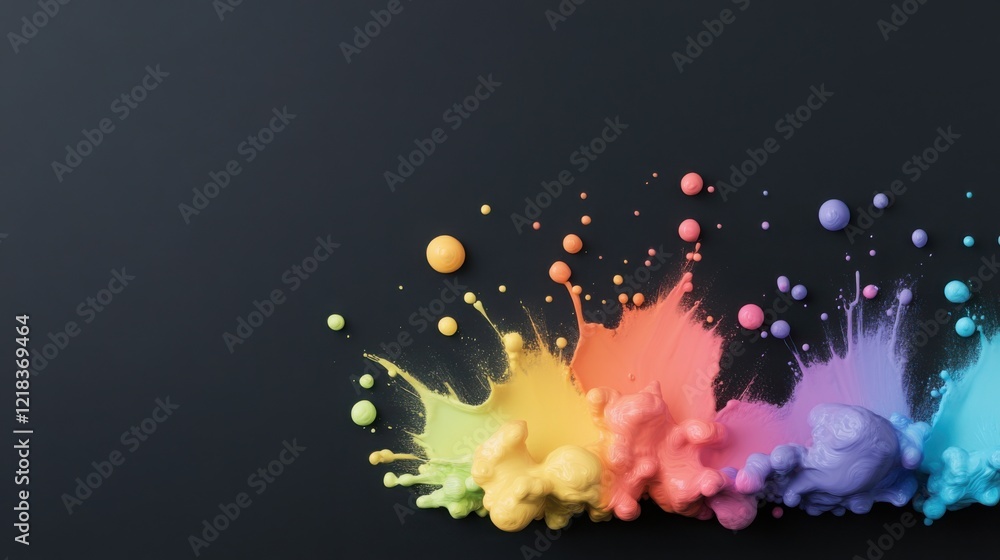 Poster vibrant droplets of multicolored paint exploding and scattering in mid-air
