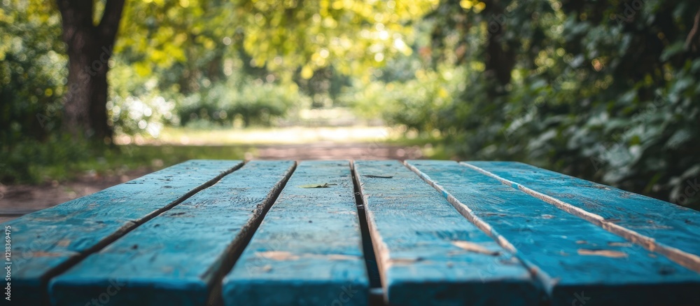 Poster tranquil blue wooden table in foreground surrounded by lush green trees and soft sunlight creating a