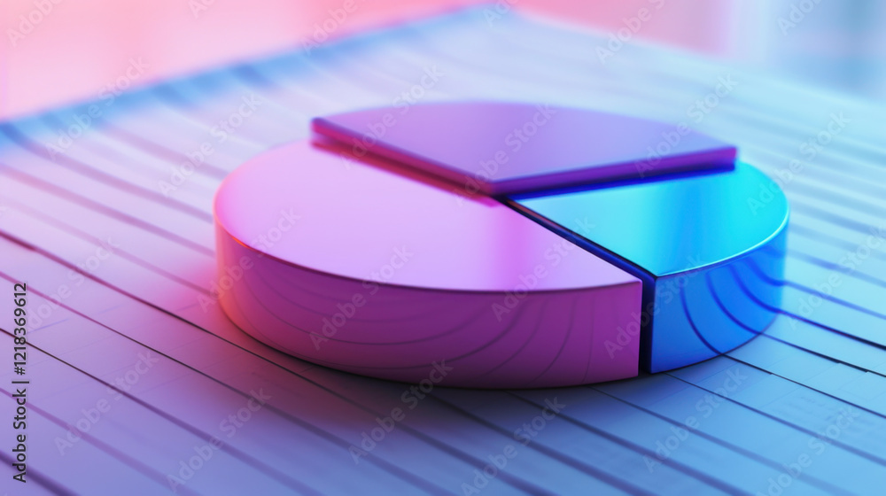 Poster colorful pie chart with pink and blue segments, representing data visualization and analysis. modern