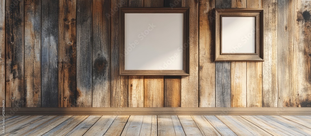 Fototapete empty wooden wall with a rustic appeal featuring a large square wood frame on the left and a smaller